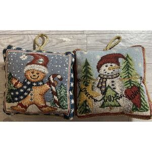Vintage Tapestry Snowman Gingerbread Man Christmas Door Hanging Pillows (2) 6x6"
